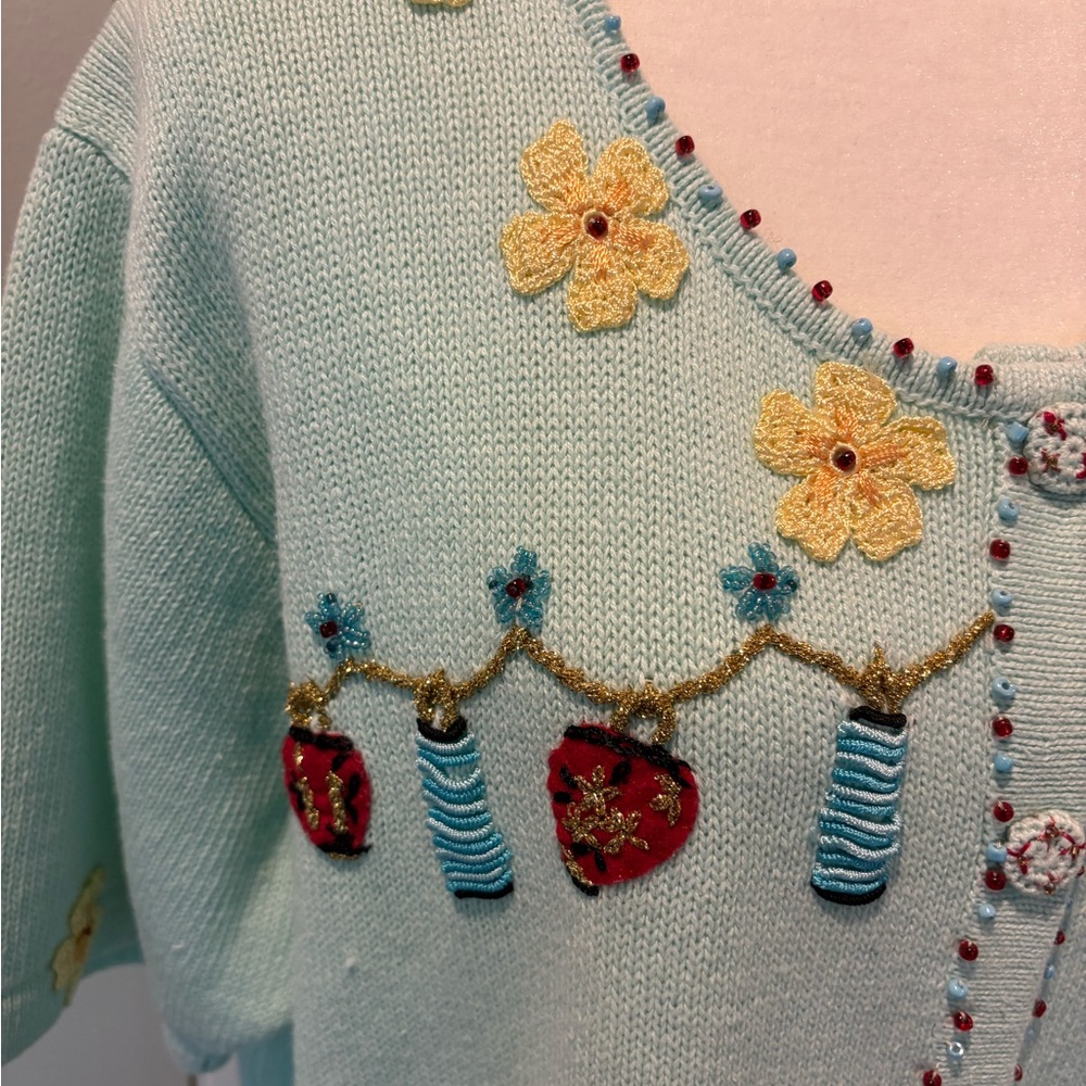 NWT Storybook Knits 2X Lt Blue Luau Hula Girl Embroidered Short Sleeve Cardigan - Picture 2 of 16
